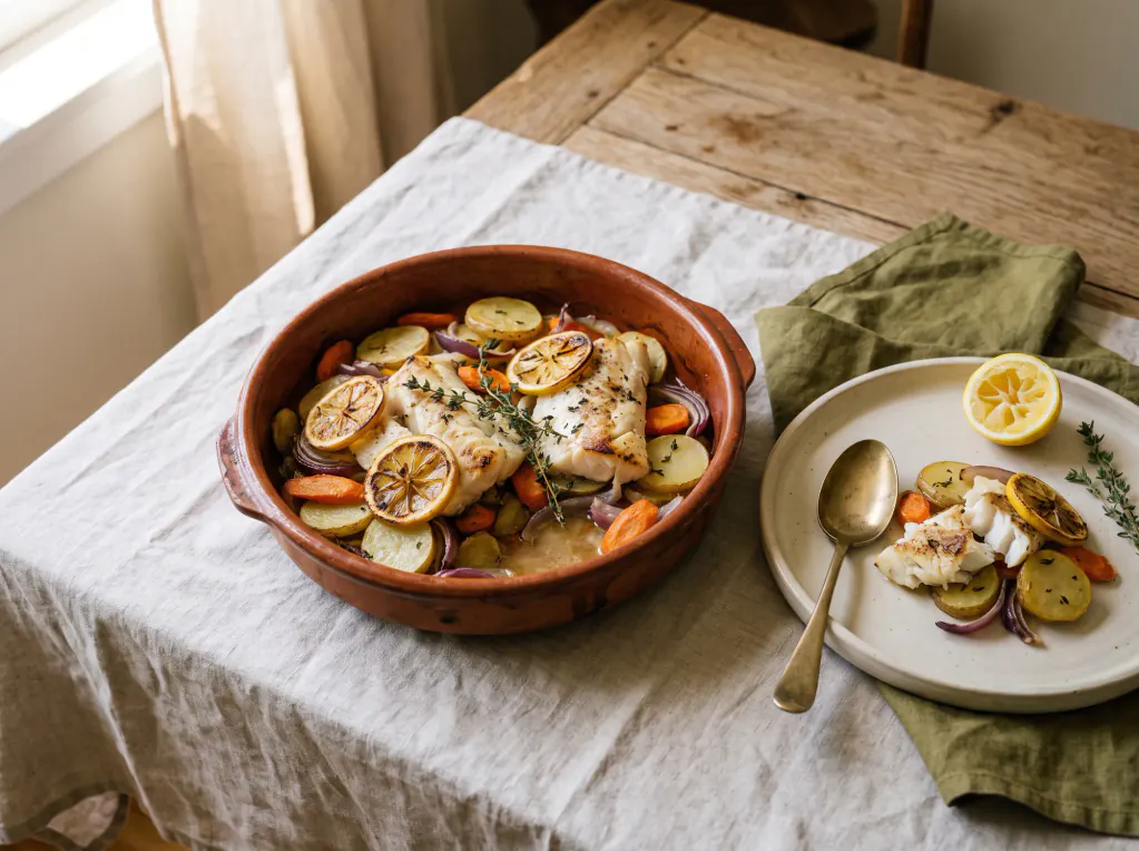 Fisch aus dem Ofen mit Gemüse – das fertige Gericht