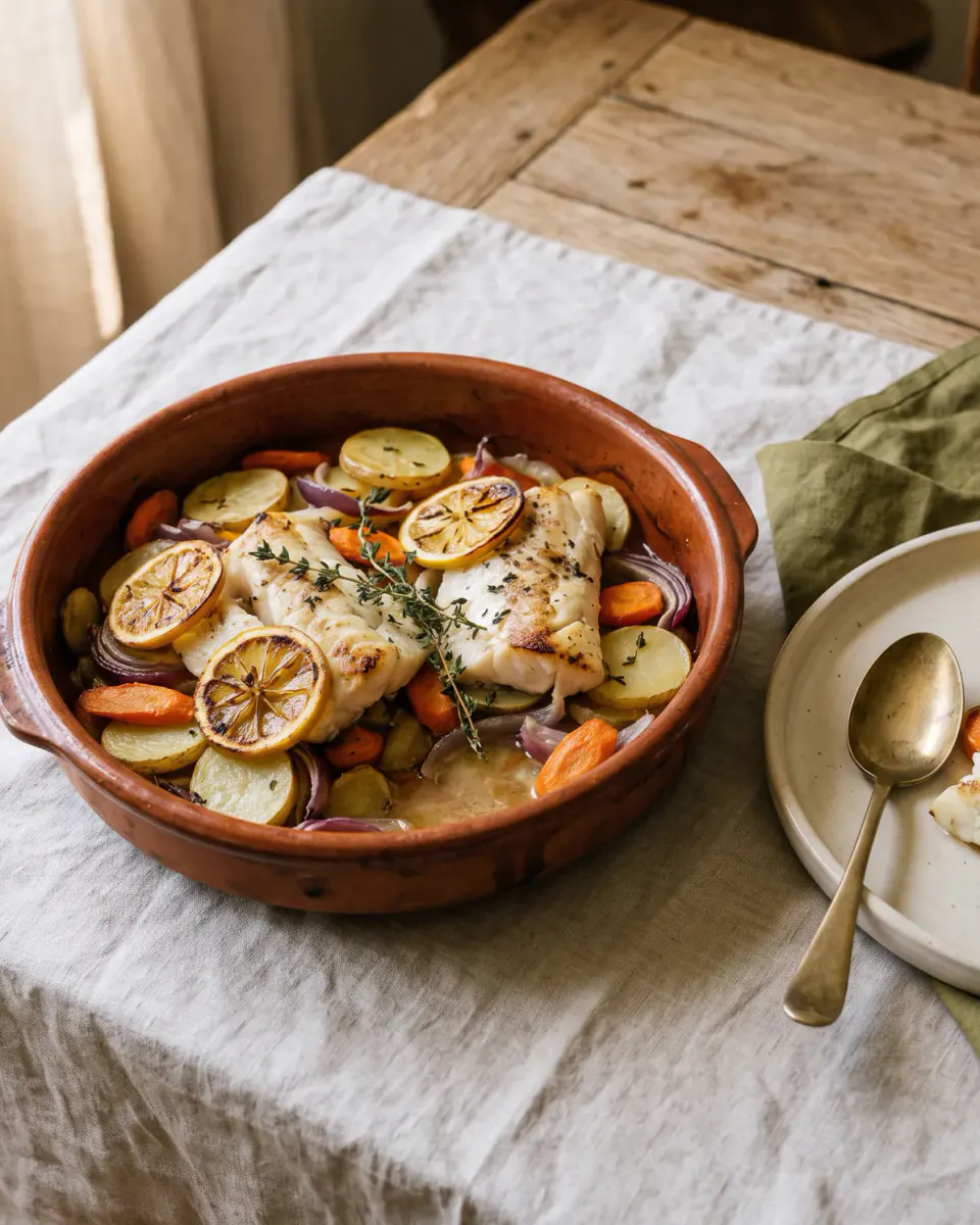 Peixe assado com legumes — o prato pronto