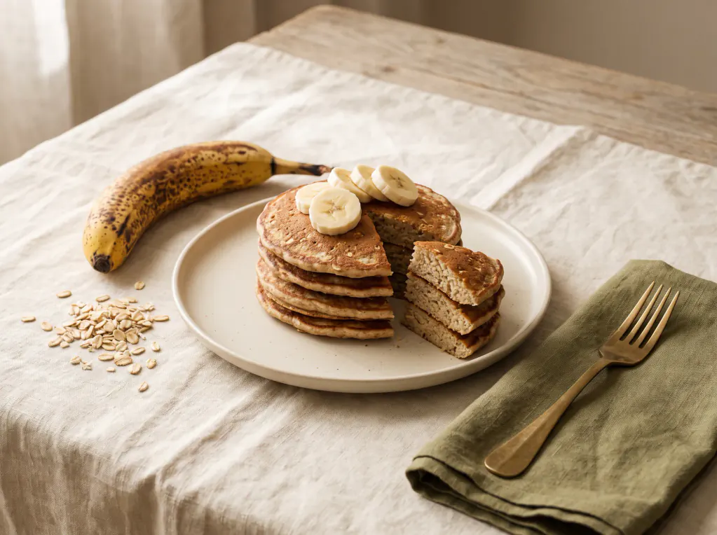 Panqueca de banana com aveia, sem farinha e sem açúcar — o prato pronto