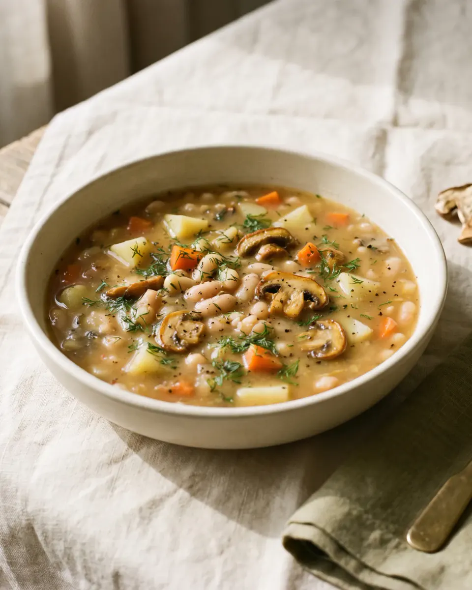 Sopa de frijoles blancos con hongos — el plato terminado