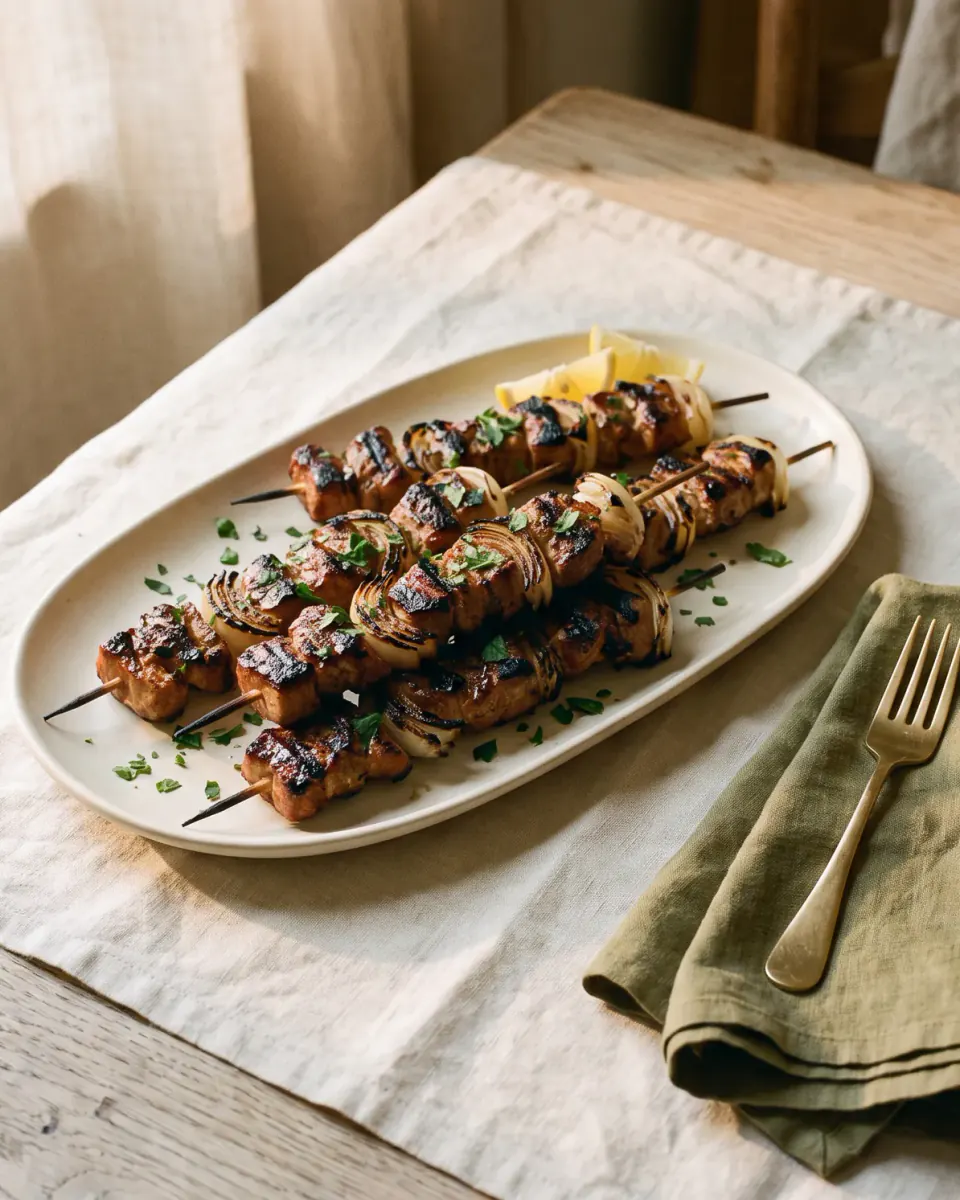 Schweinespieße in Biermarinade – das fertige Gericht