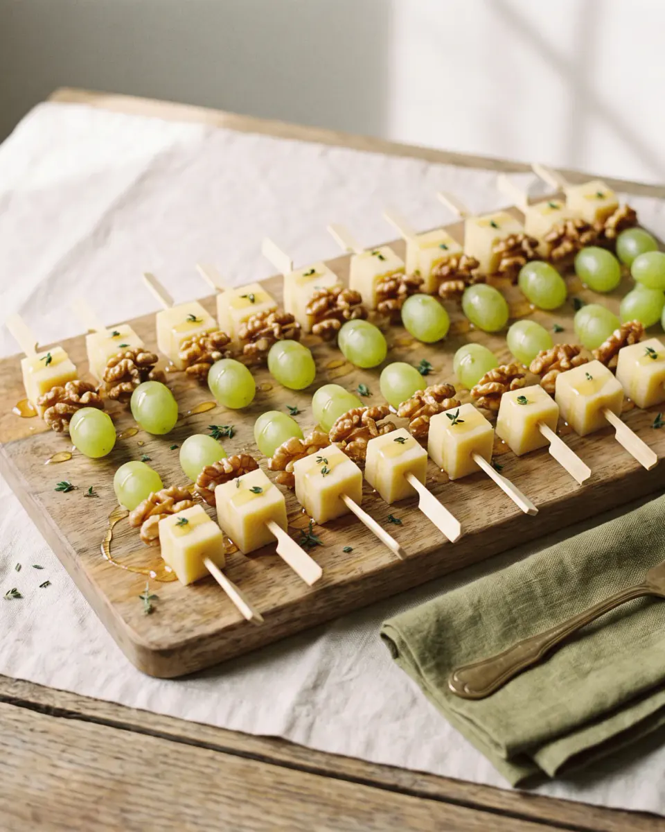 Espetinhos de queijo e uva — o prato pronto
