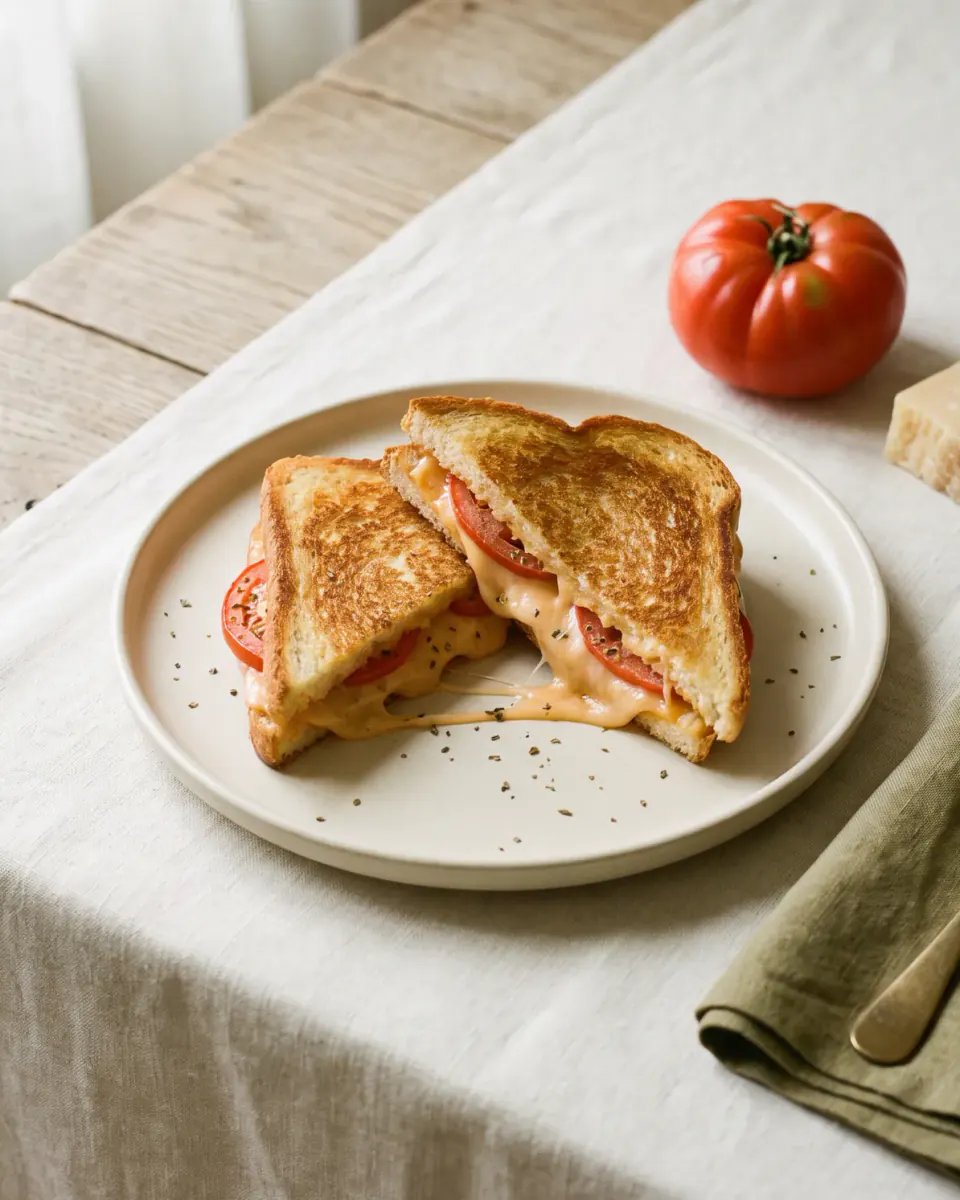 Käsetoast mit Tomate aus der Pfanne – das fertige Gericht
