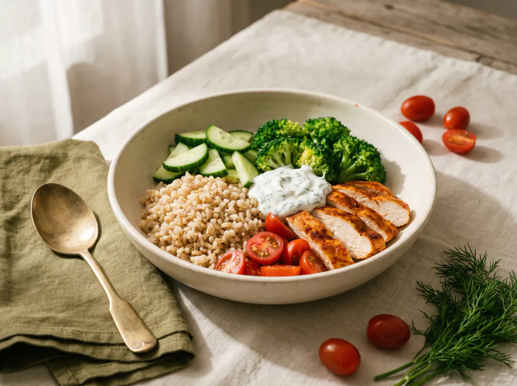 Bowl de frango com arroz integral — o prato pronto