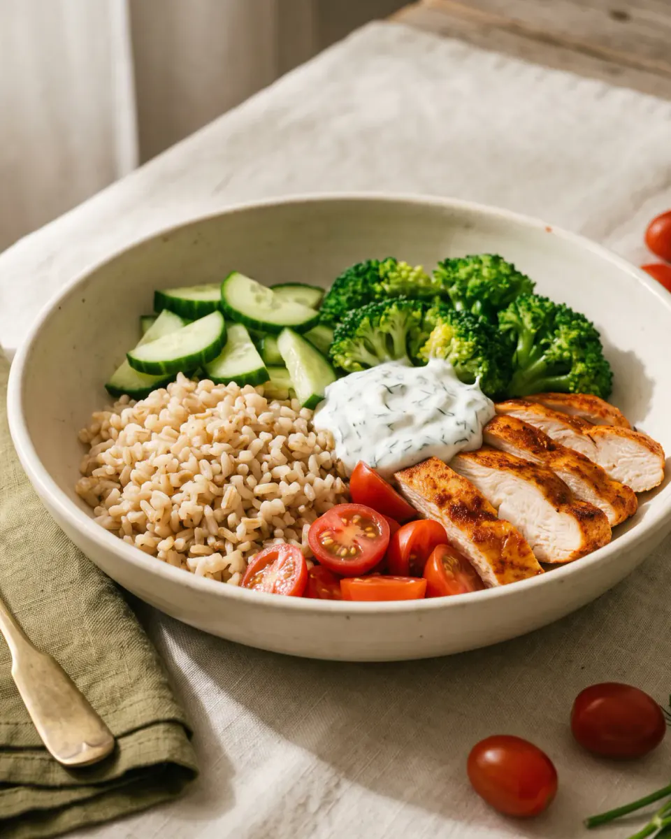 Bowl de pollo con arroz integral — el plato terminado