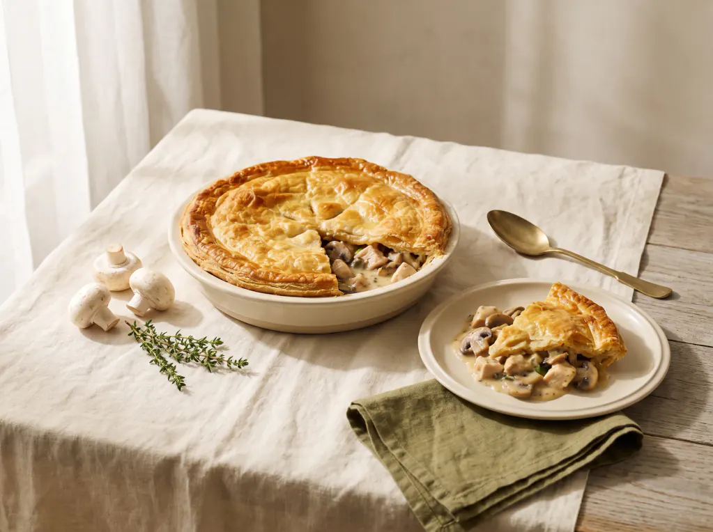 Torta de frango com cogumelos e massa folhada — o prato pronto