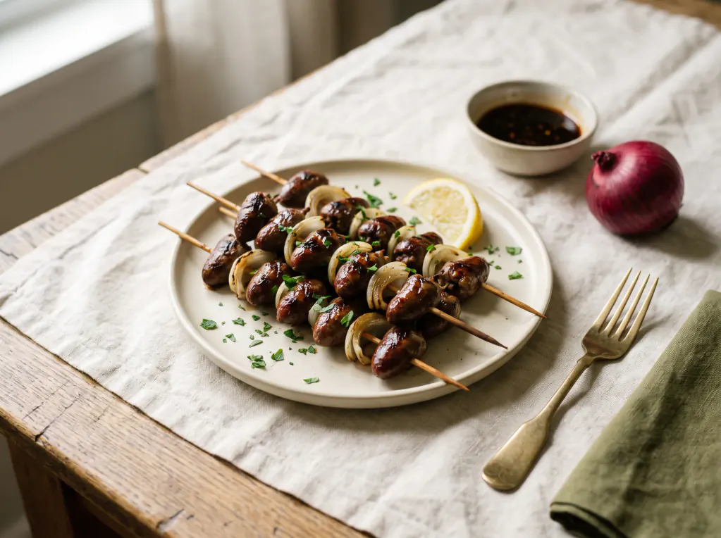 Chicken Heart Skewers — the finished dish