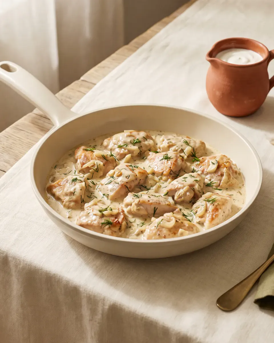 Frango ao molho de creme azedo — o prato pronto