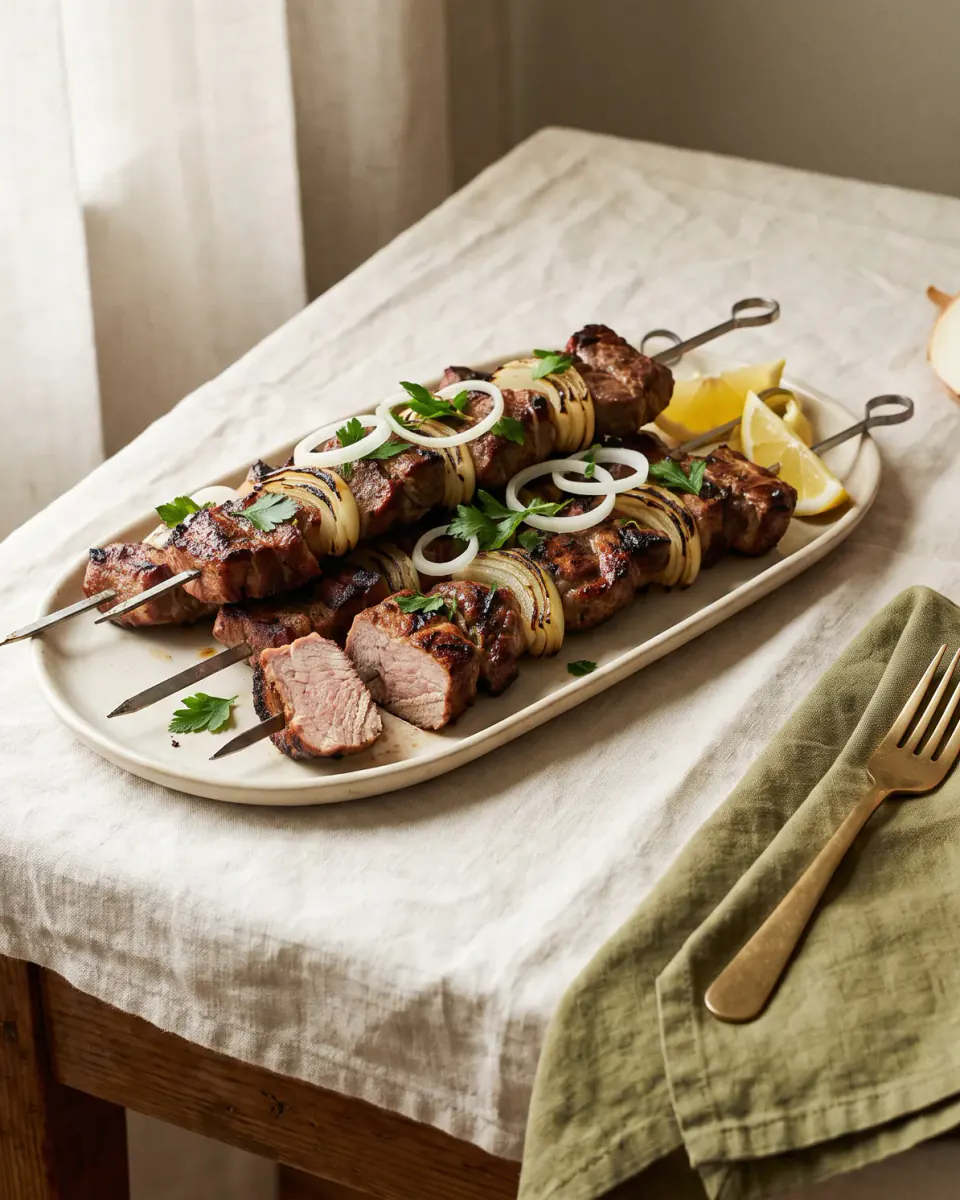 Schweineschaschlik mit Zwiebeln – das fertige Gericht
