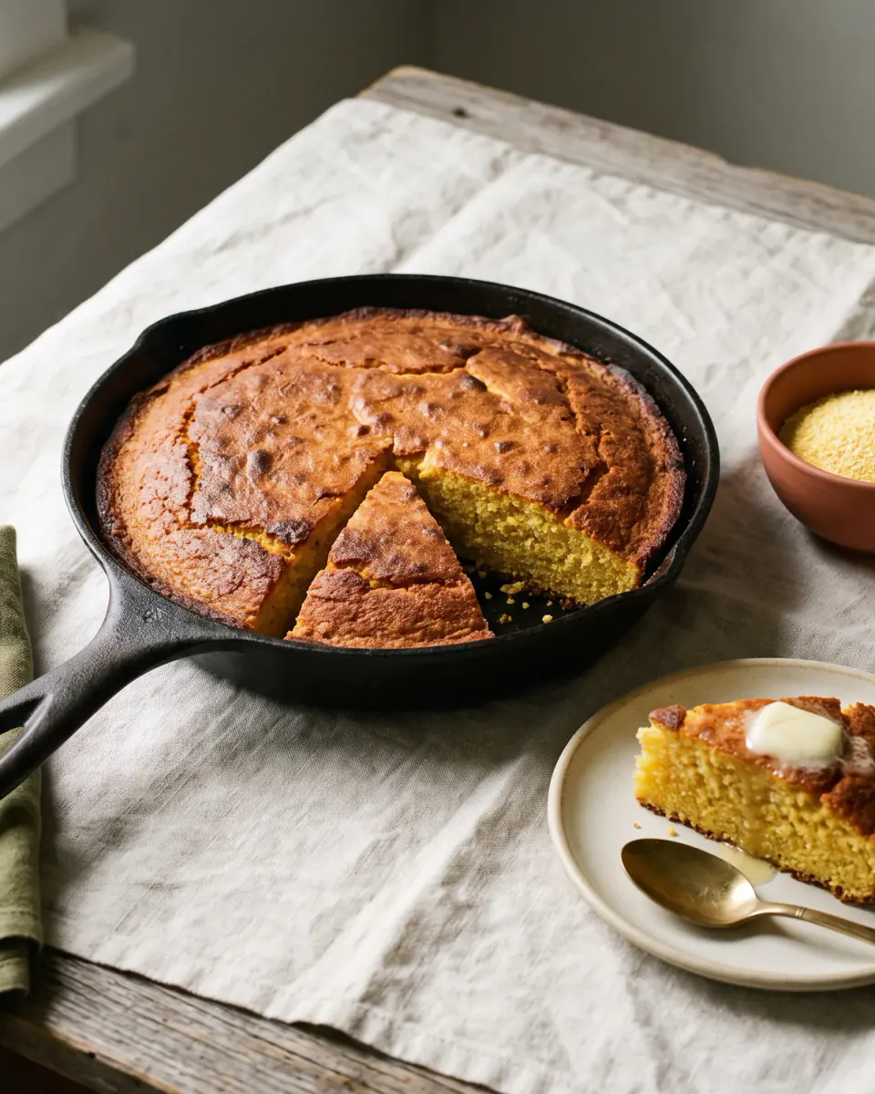Pan de maíz (cornbread) en sartén — el plato terminado