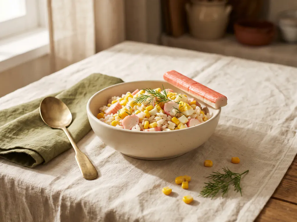 Surimi-Salat mit Reis – das fertige Gericht