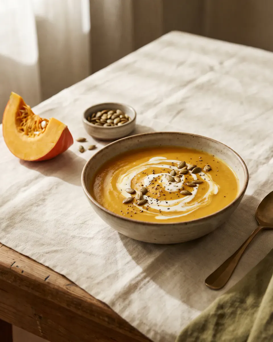 Sopa creme de abóbora assada — o prato pronto