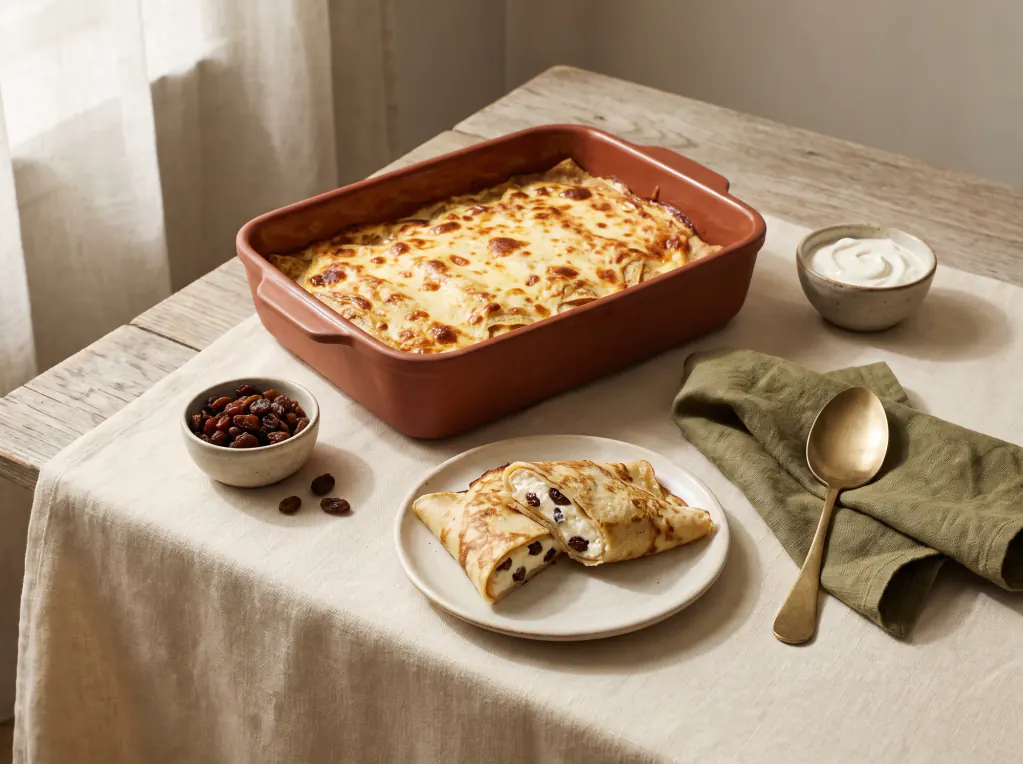 Nalysnyky, crepas de requesón al horno — el plato terminado