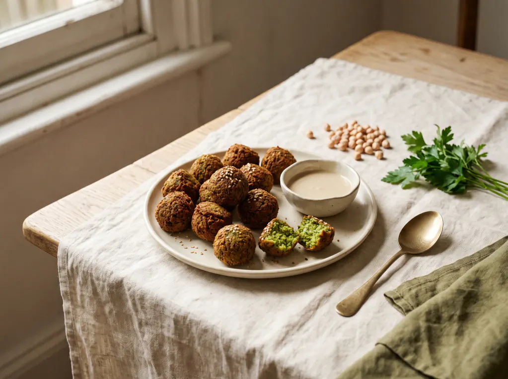Falafel mit Tahin-Sauce – das fertige Gericht