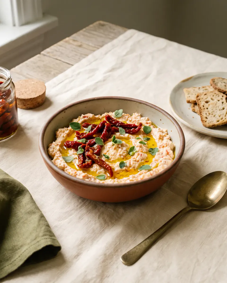 Pasta de feta com tomate seco — o prato pronto