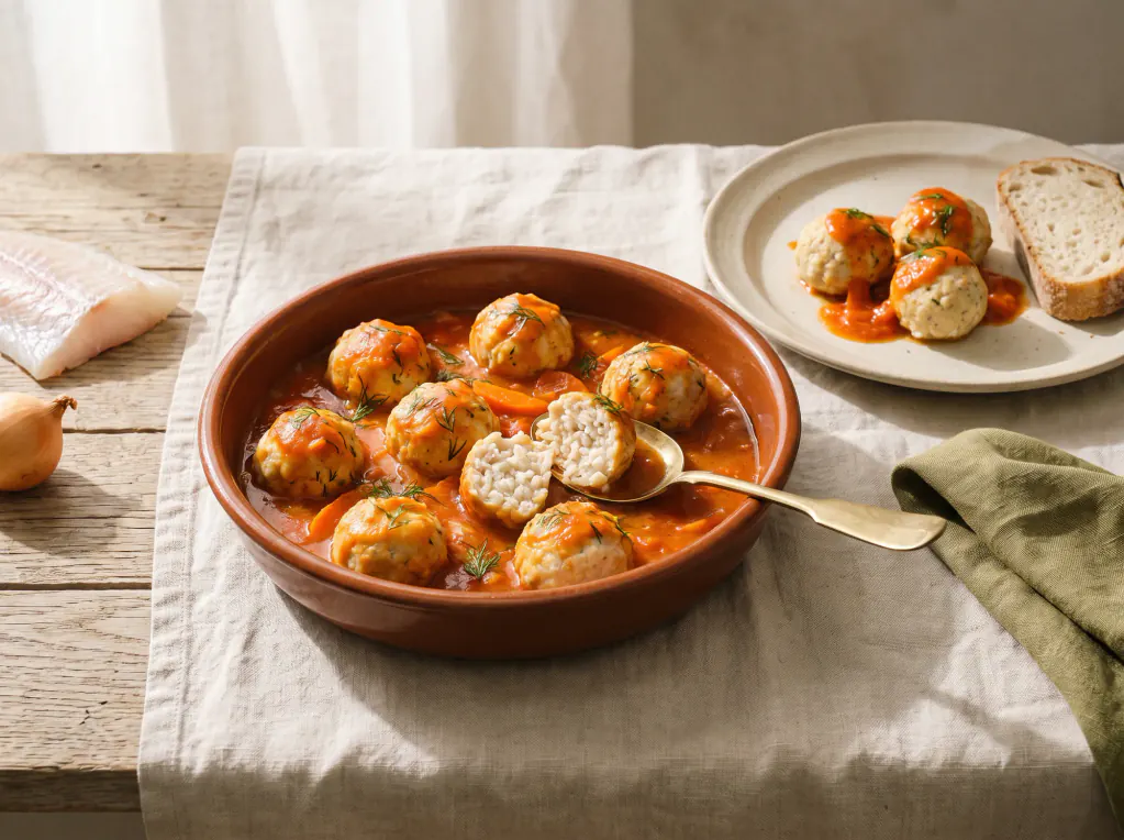 Almôndegas de peixe ao molho de tomate — o prato pronto