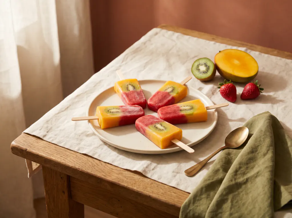 Fruchteis am Stiel mit Erdbeere, Mango und Kiwi – das fertige Gericht