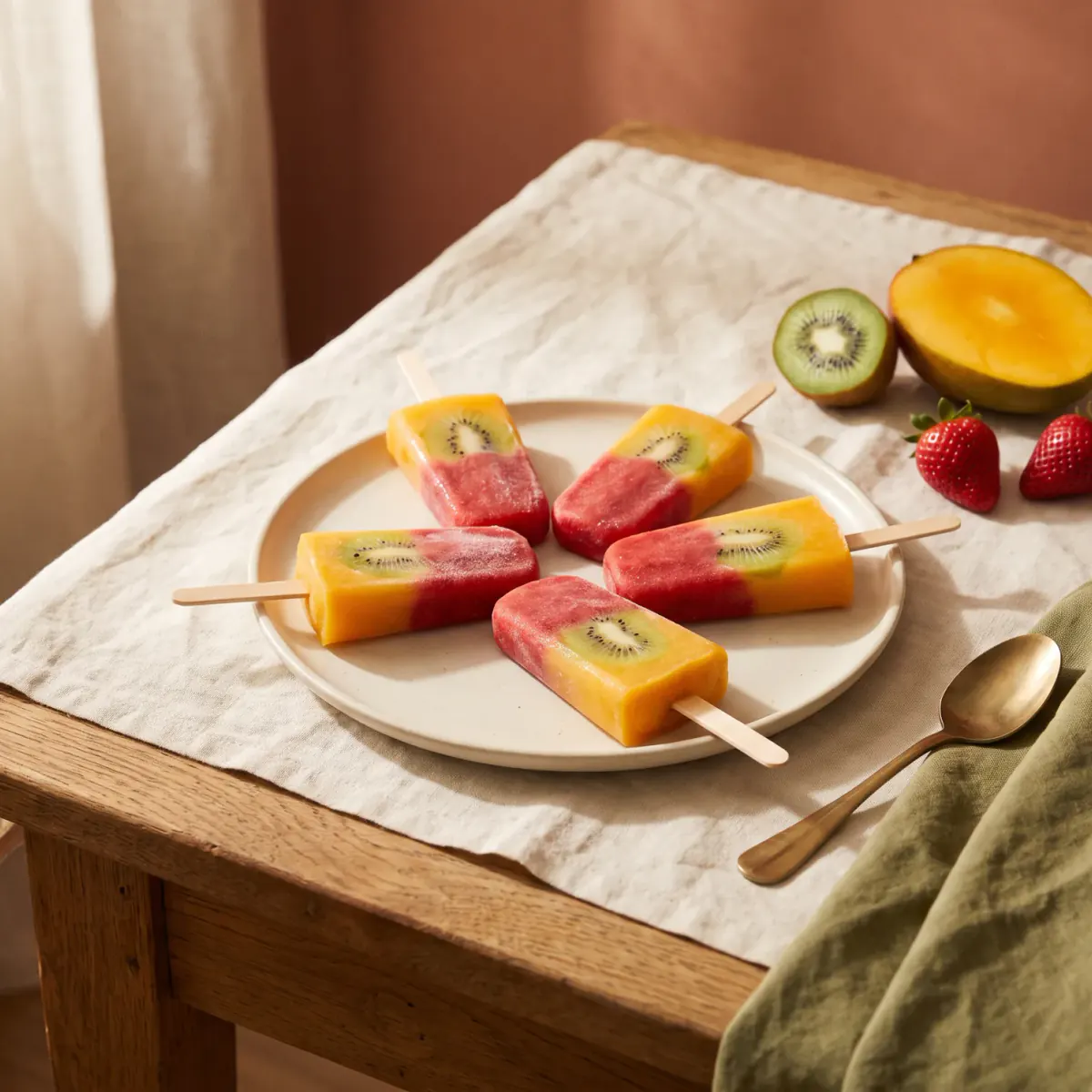 Fruchteis am Stiel mit Erdbeere, Mango und Kiwi – das fertige Gericht