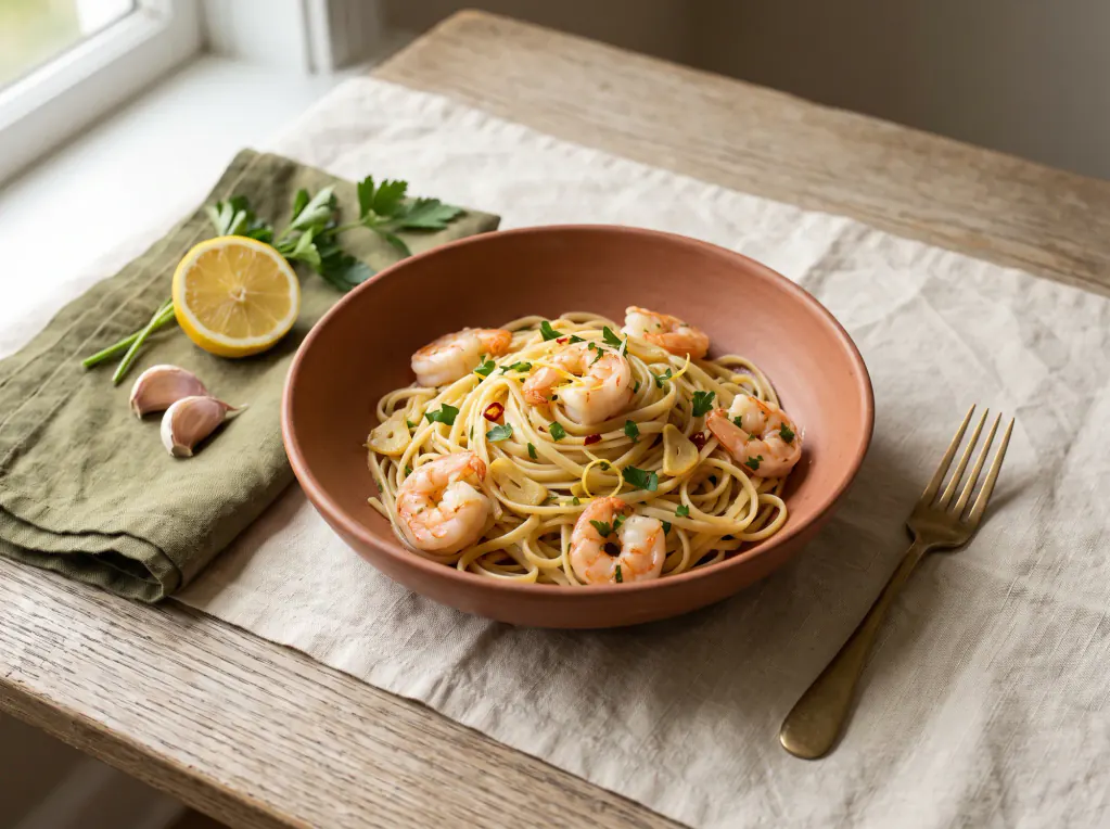 Linguine con camarones al ajillo — el plato terminado