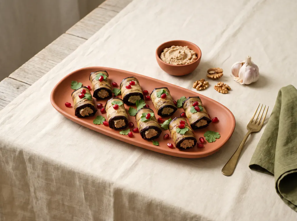 Rollitos de berenjena con nueces — el plato terminado