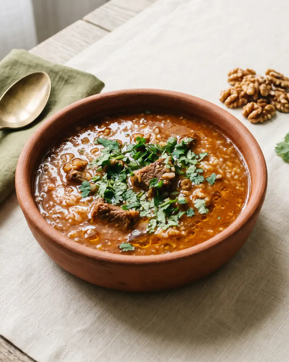Kharcho, sopa georgiana de res con arroz — el plato terminado
