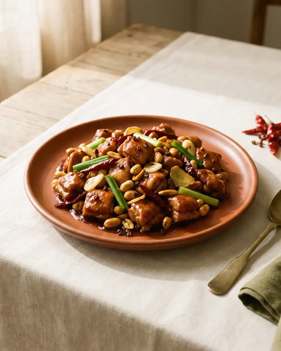 Frango kung pao, o frango xadrez original — o prato pronto