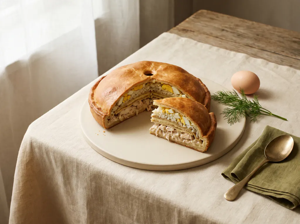 Kurnik: pastel de pollo en capas — el plato terminado