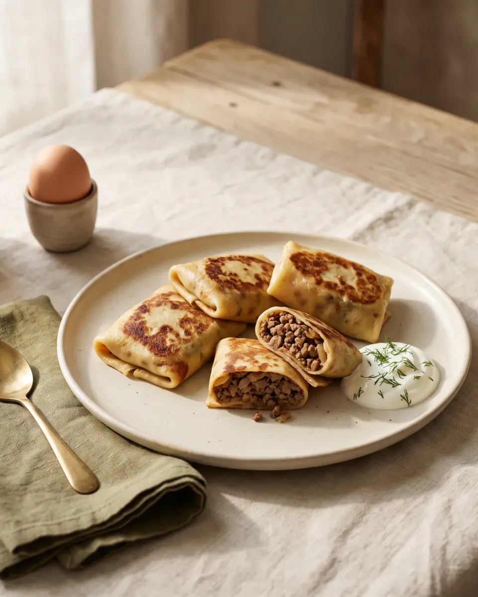 Gefüllte Pfannkuchen mit Fleisch – das fertige Gericht