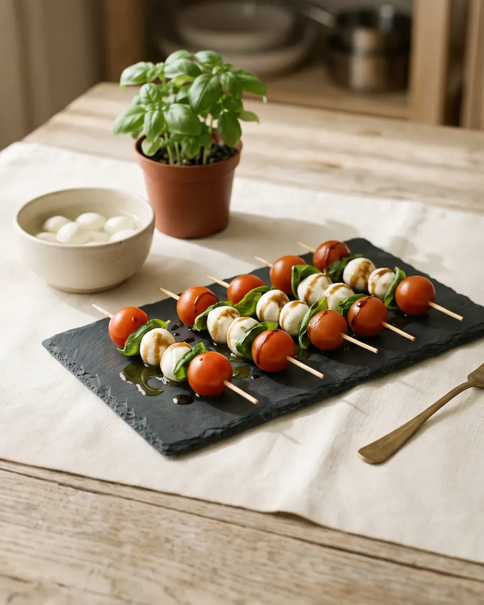 Espetinhos de mussarela e tomate — o prato pronto