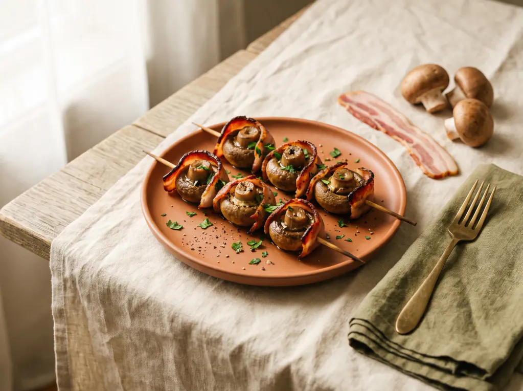 Mushroom and Bacon Skewers — the finished dish