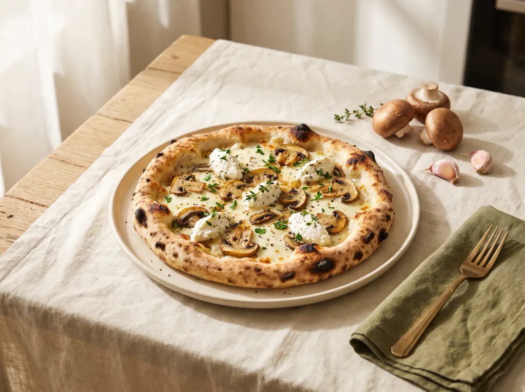 Pizza branca de cogumelos com ricota — o prato pronto