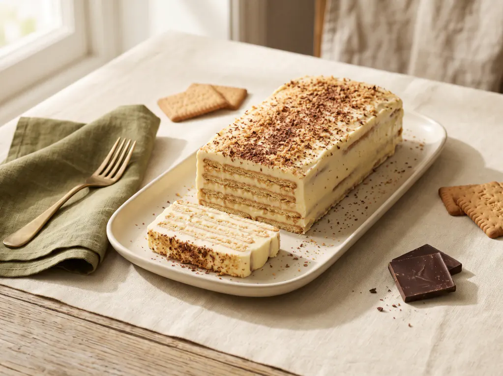 Torta de bolacha sem forno com creme de baunilha — o prato pronto