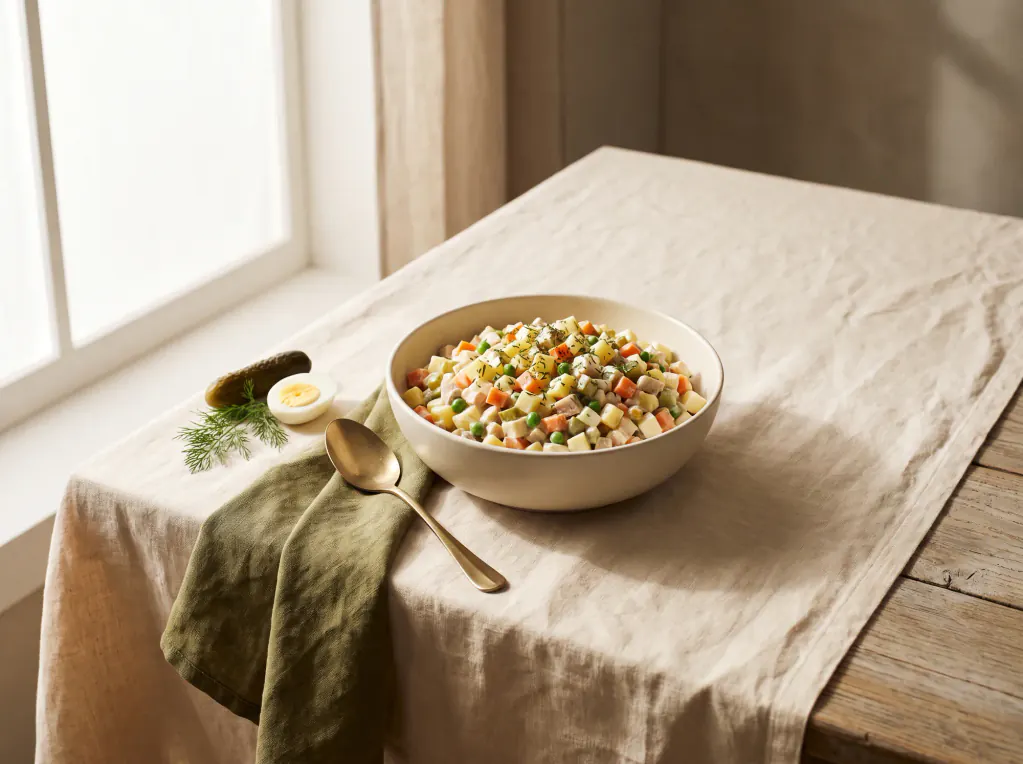 Salat Olivier mit Hähnchen – das fertige Gericht