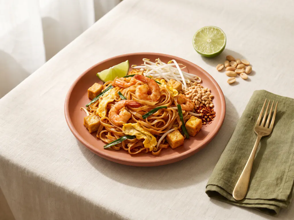 Pad Thai mit Garnelen und Tofu – das fertige Gericht