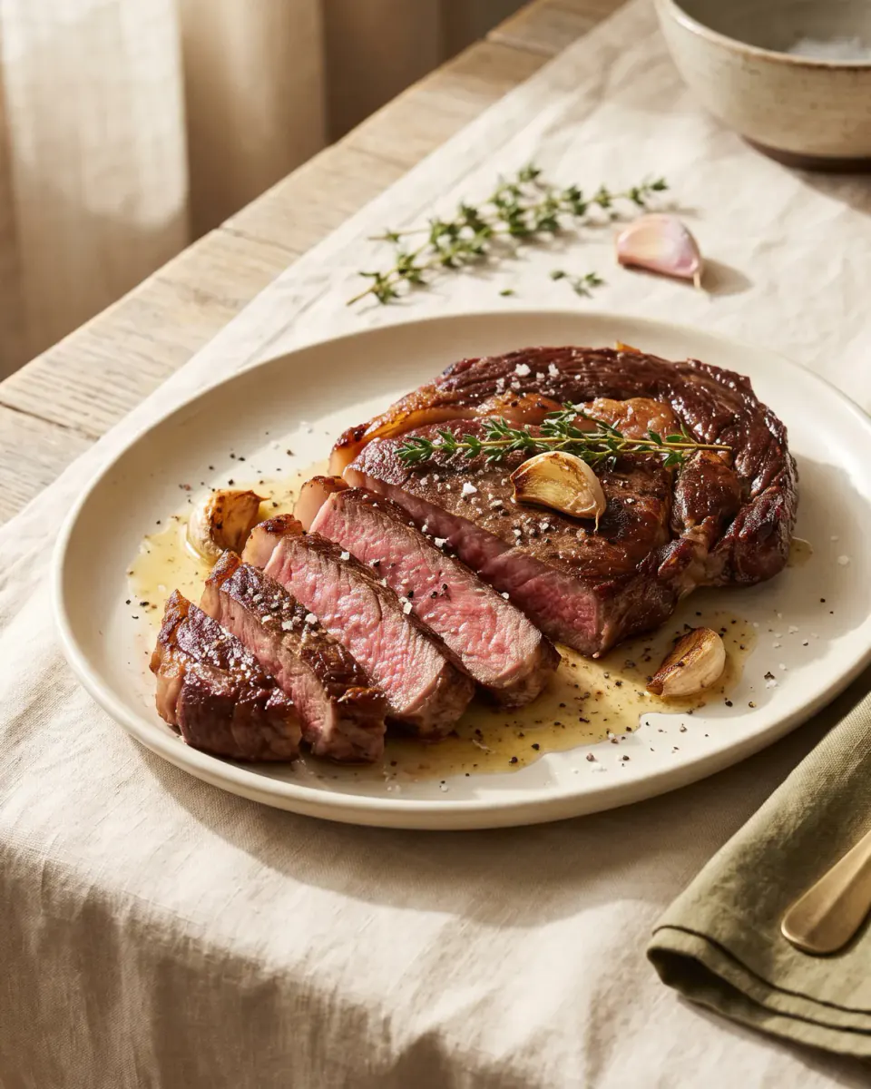 Rib eye a la sartén con mantequilla y ajo — el plato terminado