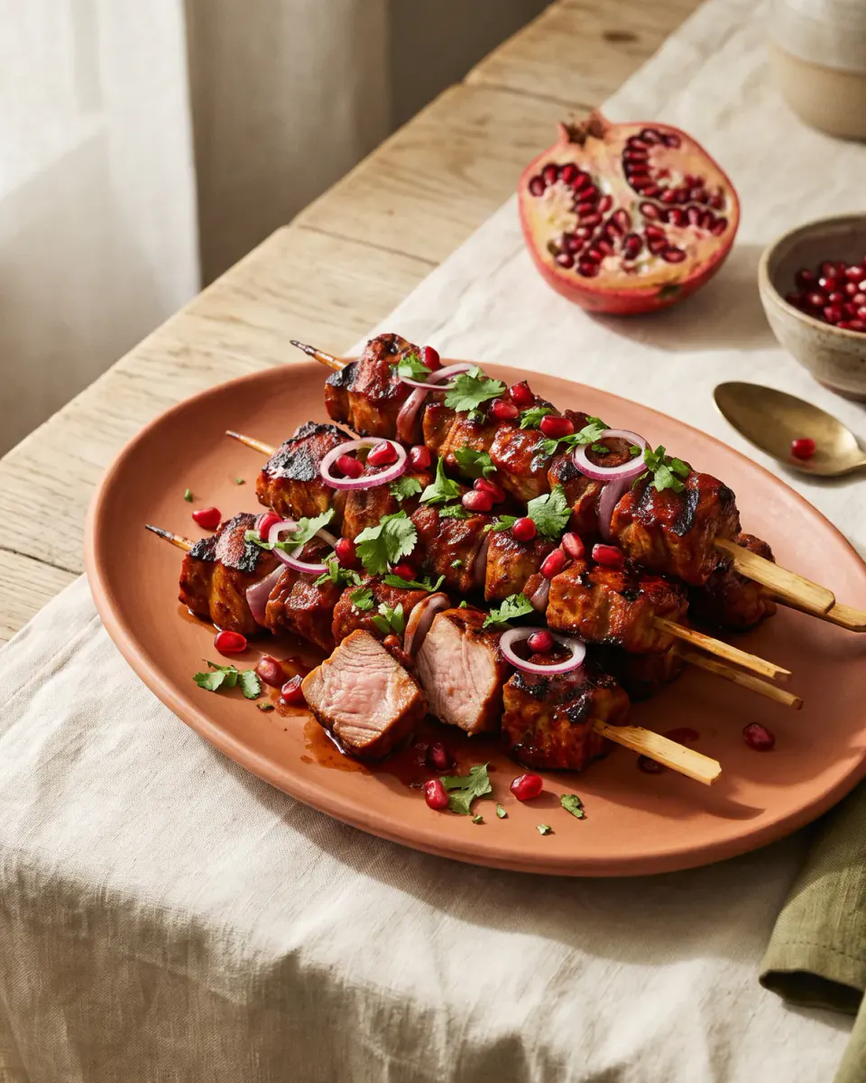 Pomegranate Pork Skewers — the finished dish