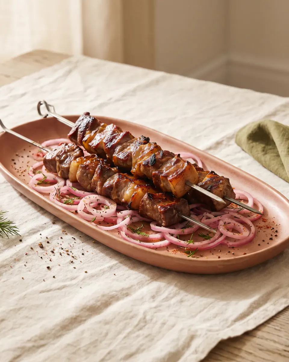 Shashlik de cerdo, brochetas a la brasa — el plato terminado