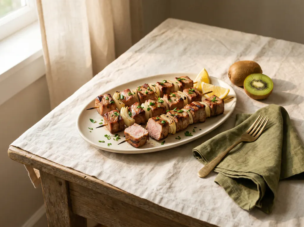 Quick Kiwi-Marinated Pork Skewers — the finished dish