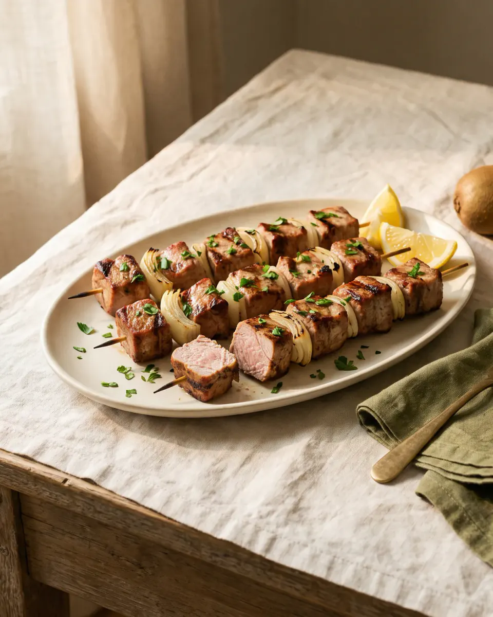 Quick Kiwi-Marinated Pork Skewers — the finished dish