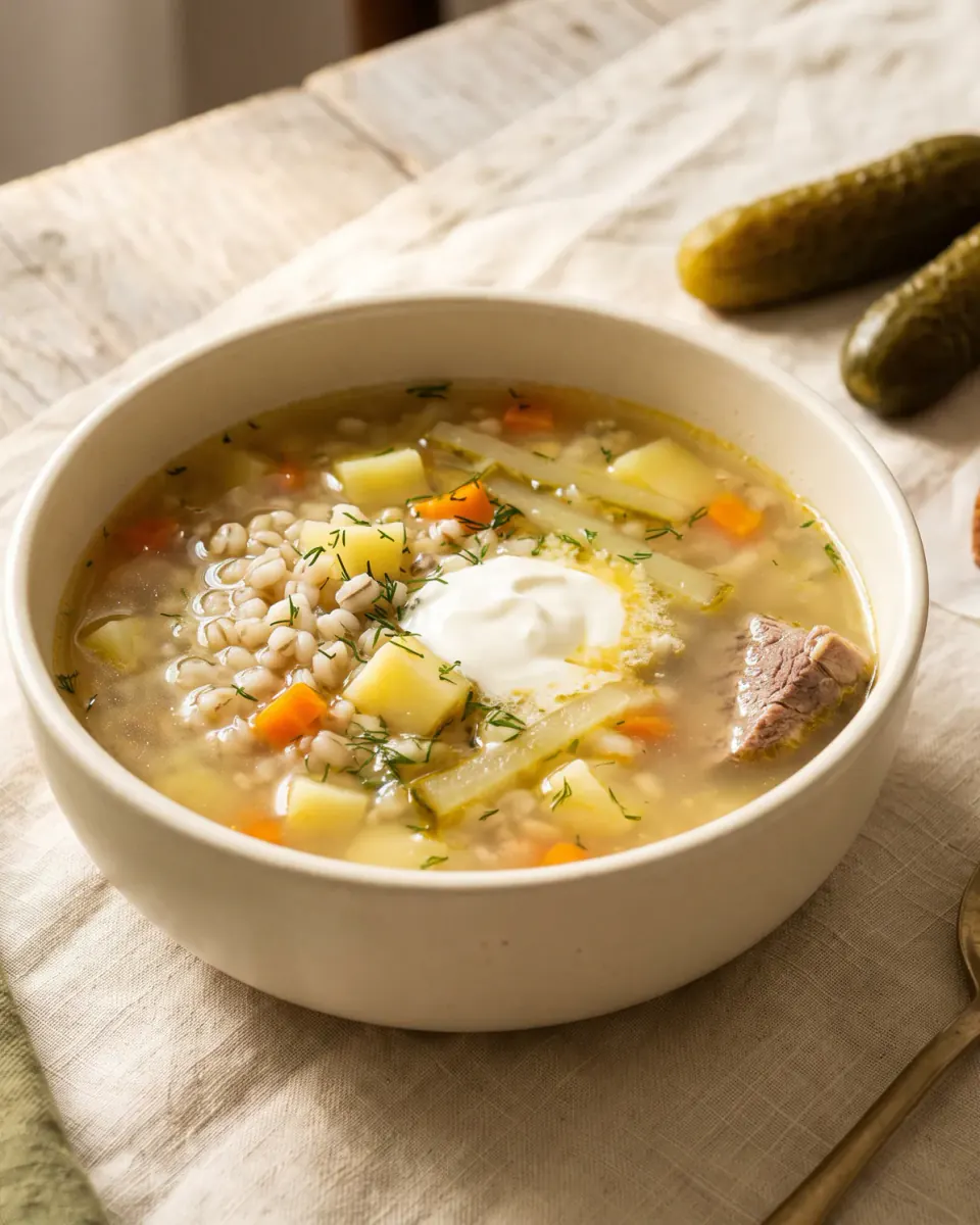 Sopa rassolnik de pepinos encurtidos — el plato terminado