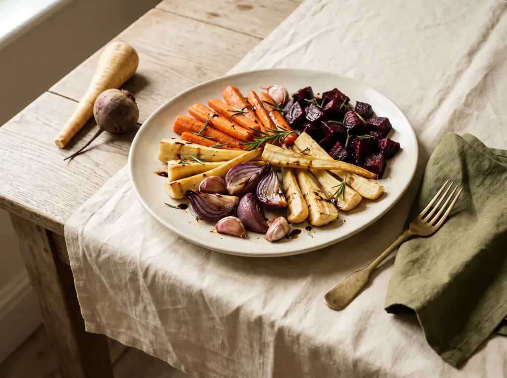 Verduras de raíz asadas — el plato terminado