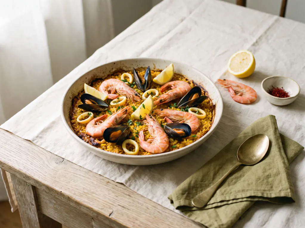 Paella de mariscos — el plato terminado