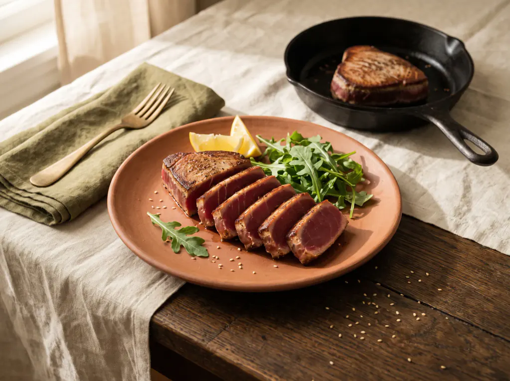 Filé de atum selado — o prato pronto
