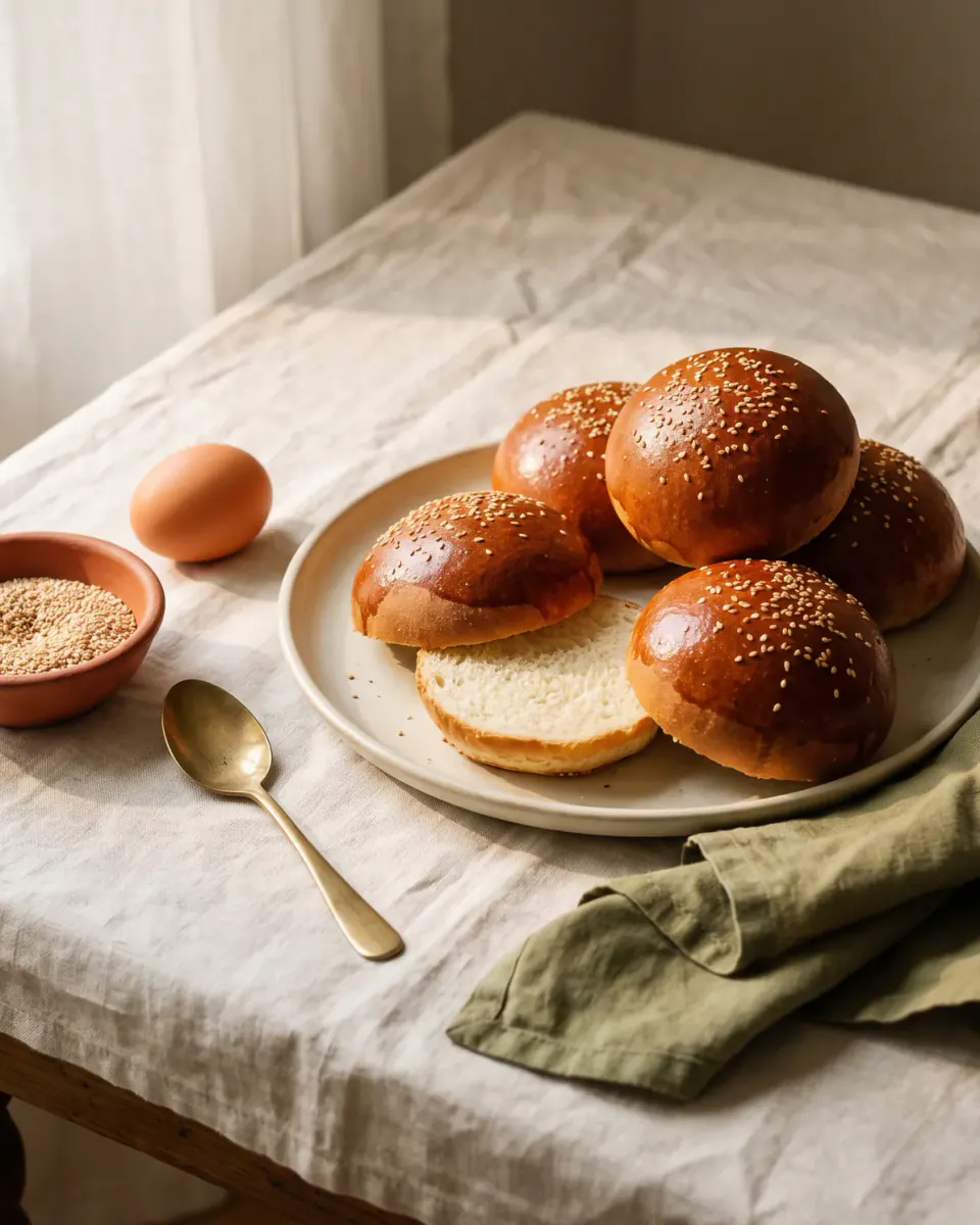 Pão de hambúrguer caseiro com gergelim — o prato pronto