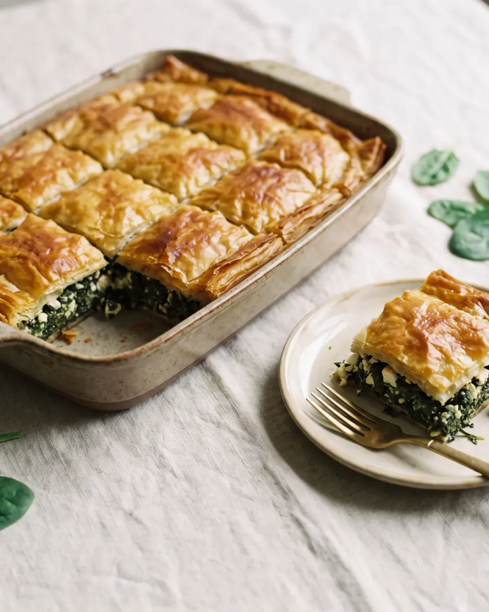 Spanakopita – griechischer Spinatkuchen mit Feta – das fertige Gericht