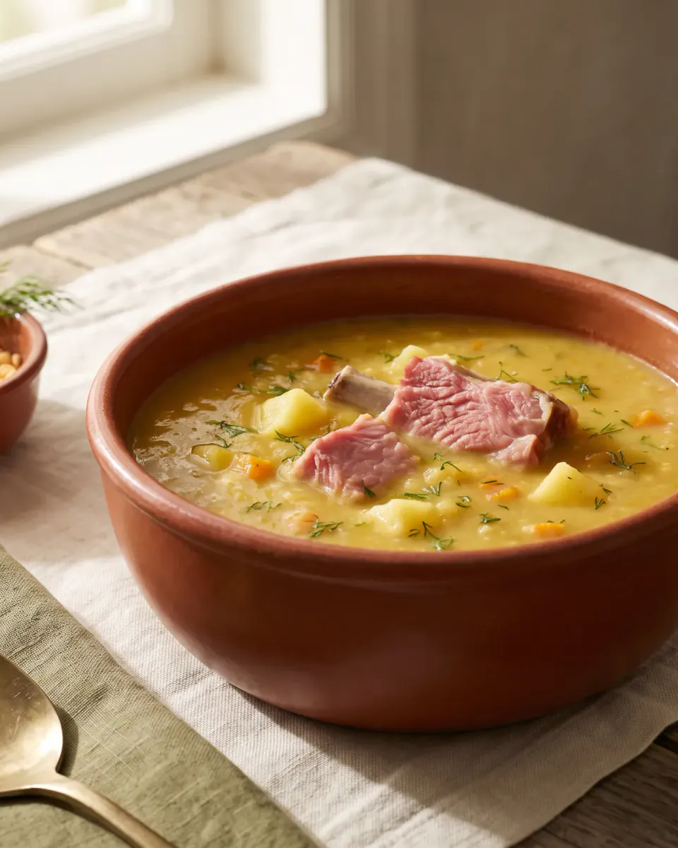 Sopa de chícharos secos con costillas ahumadas — el plato terminado
