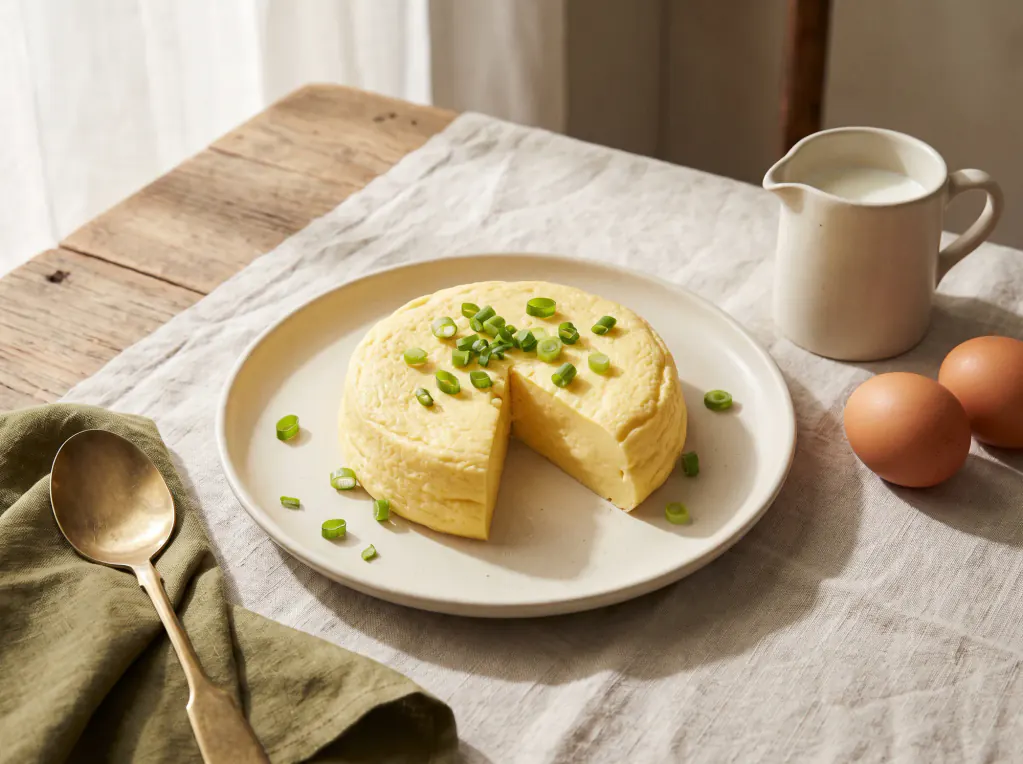 Omelete no vapor fofinha — o prato pronto