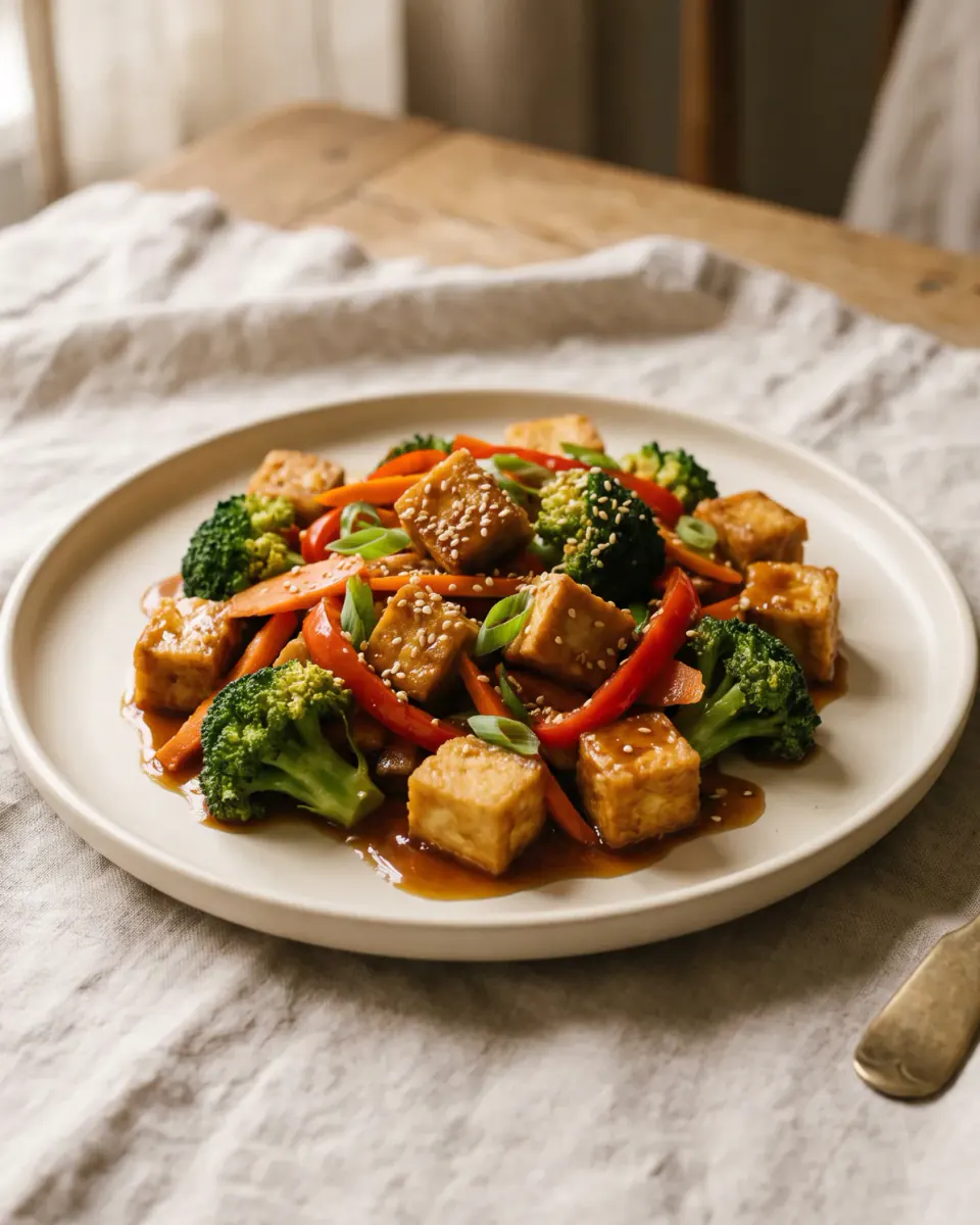Teriyaki-Tofu mit Gemüse – das fertige Gericht