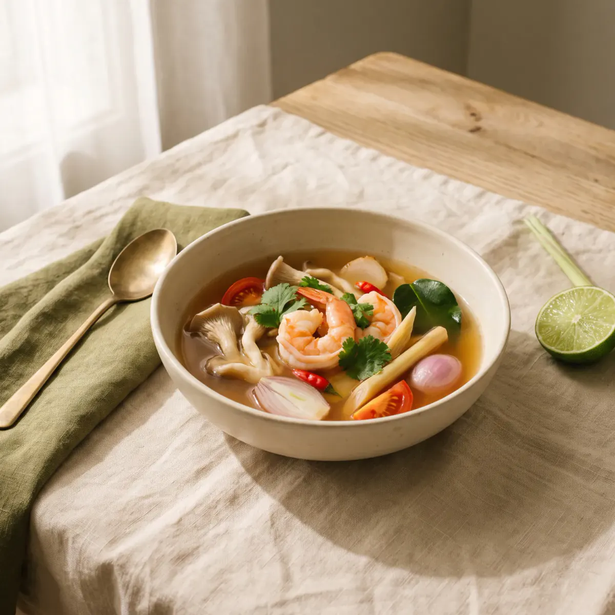 Tom Yum mit Garnelen – das fertige Gericht