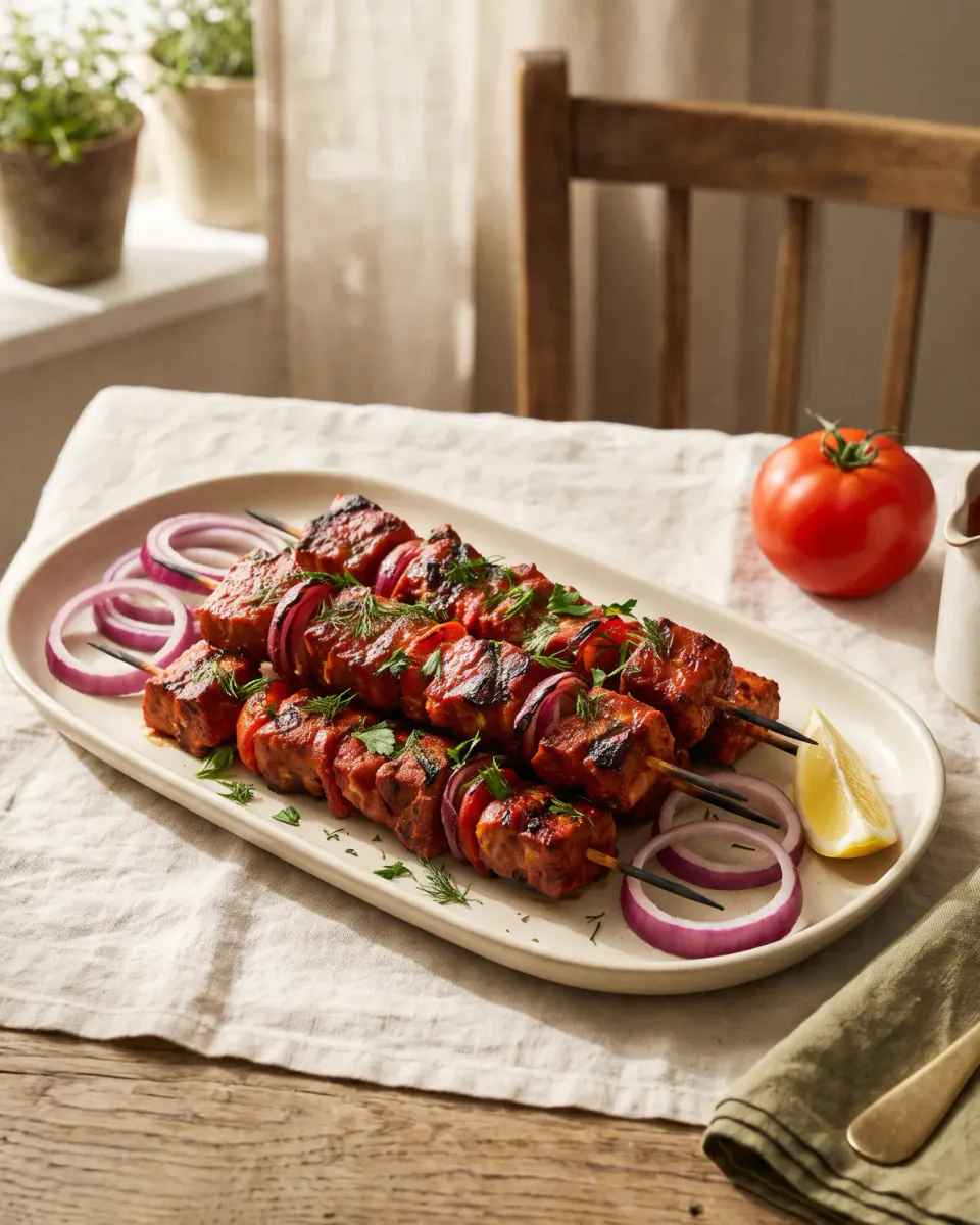 Schweinespieße in Tomatensaft – das fertige Gericht